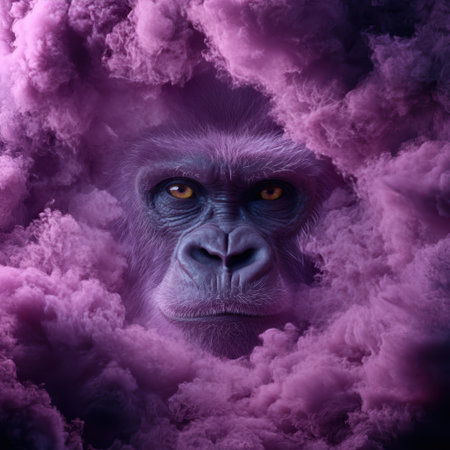 Gorilla emerges from ethereal purple smoke cloud.の素材