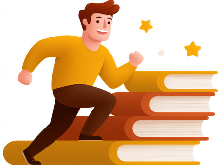 Man climbs books to success, cartoon illustration.の素材
