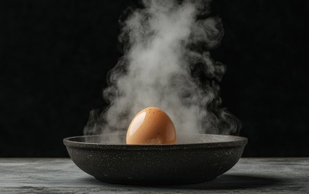 Steaming egg in a black bowl against dark background.の素材