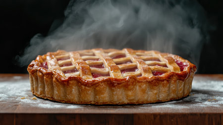 Freshly baked lattice pie with steam rising.の素材