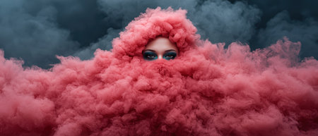 Ethereal beauty: woman's eyes emerge from pink cloud.の素材