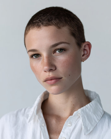Attractive young woman with short hair and freckles.の素材