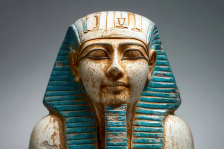 Ancient Egyptian pharaoh statue with blue headdress.の素材