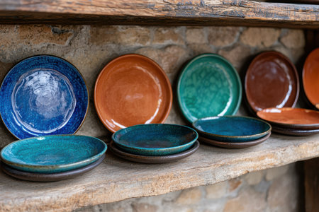 Rustic earthenware plates on wooden shelf, artisanal pottery.の素材