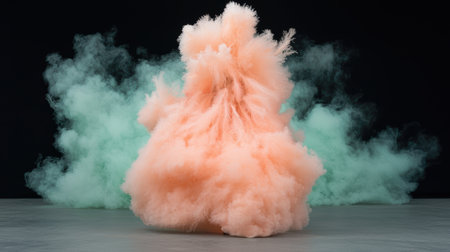 Abstract explosion of peach and turquoise smoke on gray.の素材