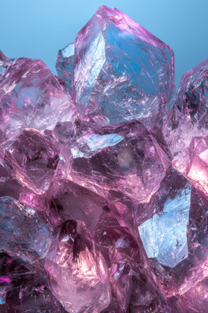 Macro image of rose quartz crystals with blue reflectionsの素材