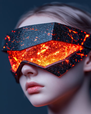 Futuristic woman wearing glowing lava VR glasses.の素材