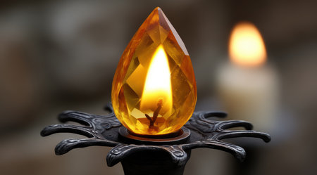 Glowing amber crystal candle flame on ornate holderの素材