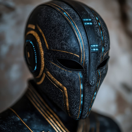 Futuristic helmet with intricate gold and blue detailing.の素材