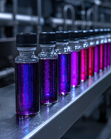 Row of vibrant lab vials with colorful liquids.の素材