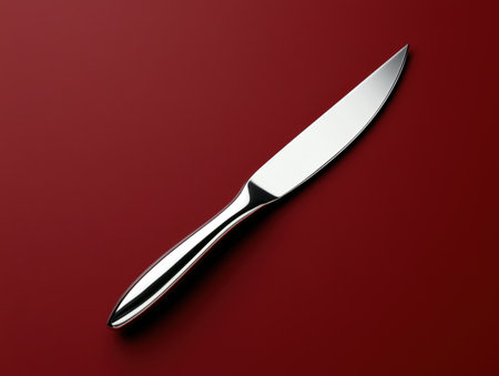 Elegant silver butter knife on deep red background.の素材