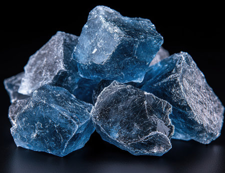 Pile of translucent blue halite mineral rocks.の素材