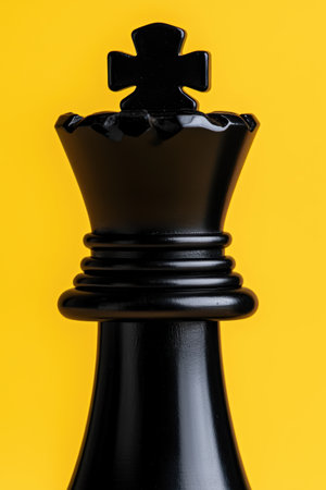 Elegant black king chess piece against yellow background.の素材
