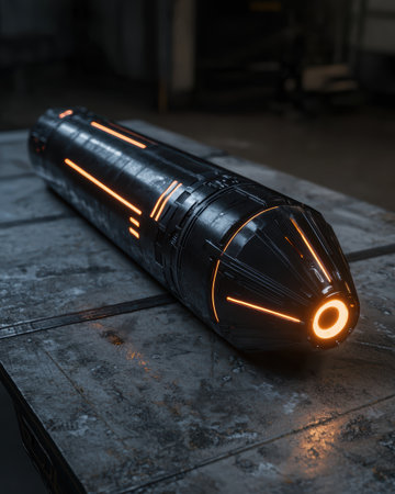 Futuristic black metal cylinder with glowing orange accents.の素材