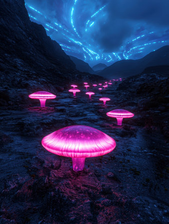 Surreal landscape with glowing mushrooms and cosmic skyの素材
