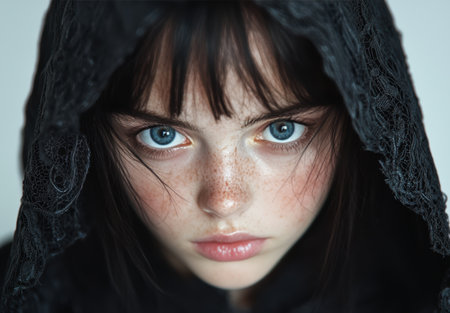 Intense portrait of a woman with striking blue eyes.の素材