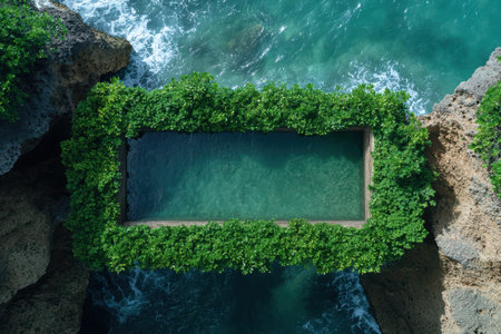 Aerial view of a lush, tropical pool by ocean.の素材