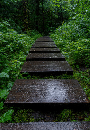 Wet wooden boardwalk path through a verdant forest.の素材