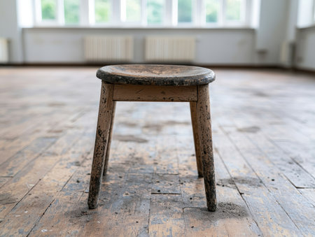 Rustic wooden stool on worn floor in empty roomの素材