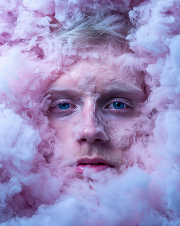 Surreal portrait of a man enveloped in pink smokeの素材