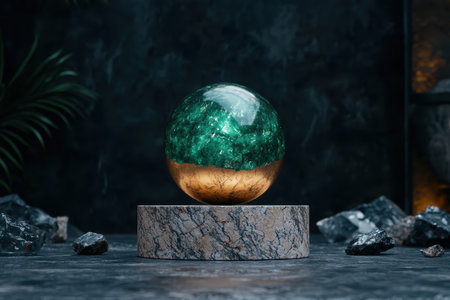 Emerald sphere with golden base on marble pedestal.の素材