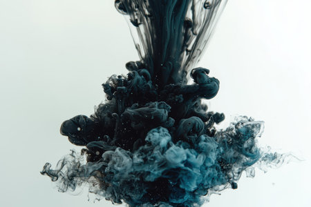 Abstract dark blue ink swirling in water on whiteの素材