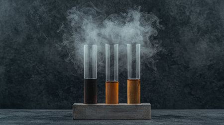 Three test tubes with liquid and vapor rising.の素材