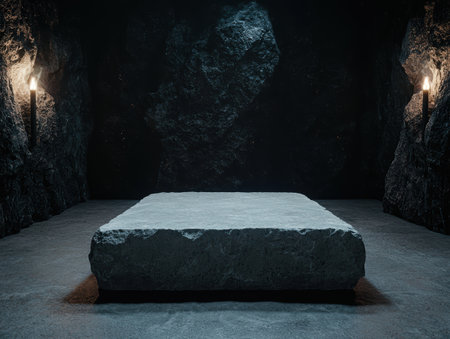 Stone platform in a dark cavern with candlelight.の素材