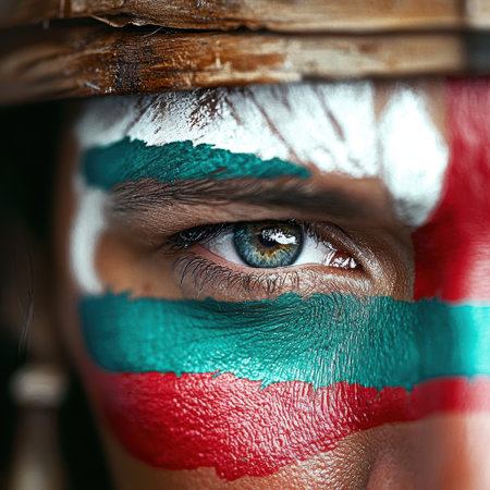 Close-up of a person's eye with vibrant face paintの素材