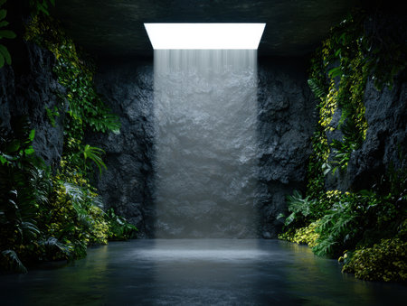 Cave interior with waterfall and lush green plantsの素材