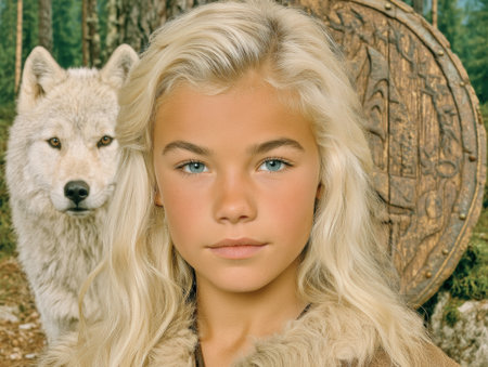 Young girl with wolf and shield in forestの素材