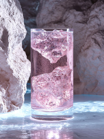 Pink sparkling drink with ice in a glassの素材