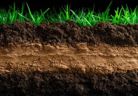 Cross-section of rich soil with green grass and distinct layersの素材