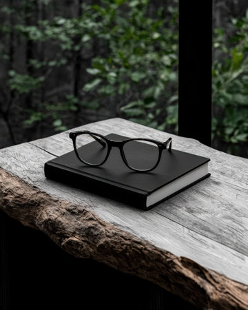 Black framed glasses resting on a closed book.の素材