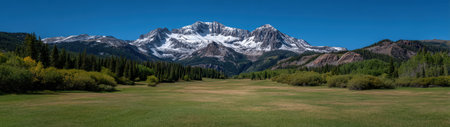 Snow-capped mountains rise above a green meadow.の素材
