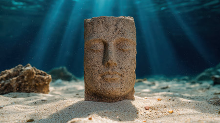 Ancient stone head submerged underwater on sandy seabedの素材