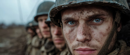 Soldiers with dirty faces stare intensely forward.の素材