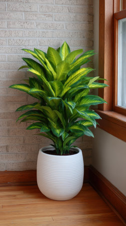 Lush green Dieffenbachia plant in a modern white potの素材