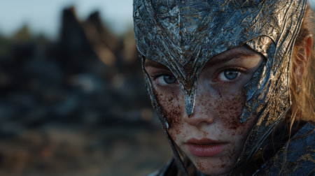 Young warrior with battle-worn armor and frecklesの素材