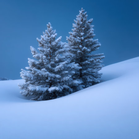 Two snow-covered pine trees in a serene winter landscape.の素材