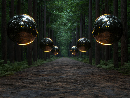 Mysterious glowing orbs illuminate a forest path.の素材