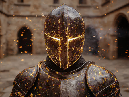 Knight in glowing armor in medieval courtyardの素材