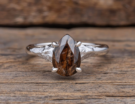 Unique pear-cut smoky quartz ring on textured woodの素材