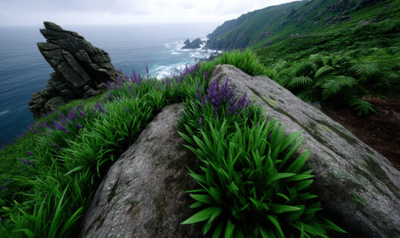 Wild purple flowers bloom on rugged coastal cliffs.の素材