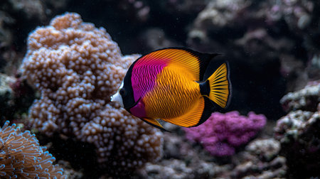 Vibrant angelfish swims among colorful coral reefs.の素材