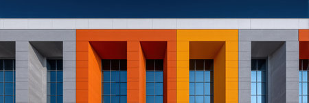 Modern building facade with bright orange and gray geometric designの素材