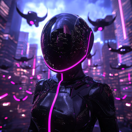 Futuristic cyborg in a neon-lit cyberpunk cityの素材