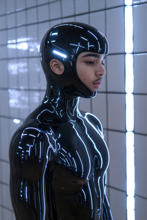 Young man in futuristic black suit with glowing blue linesの素材
