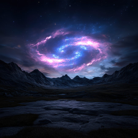 Cosmic nebula swirls above a dark mountain landscapeの素材