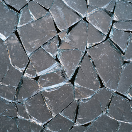 Sharp shards of broken glass create a fractured mosaic.の素材
